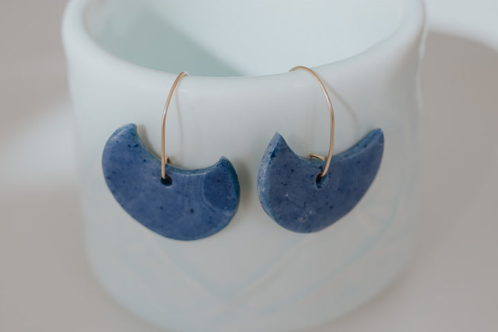 Half moons - Cobalt blue porcelain dangle earrings on gold filled wire